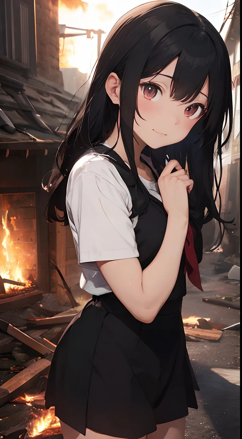 Character Kentalion , Girl, Black hair, Fire Sword, The setting: Destroyed villages, Burning house. Black creatures, Shadow Spectre, Amber eyes, conceptual art, Cinematic lighting, drop shadow, Diffraction spikes, ultra wide-angle, Hasselblad, nffsw, masutepiece, Anatomically correct, 1080p, 4K, 8K, Best Quality
