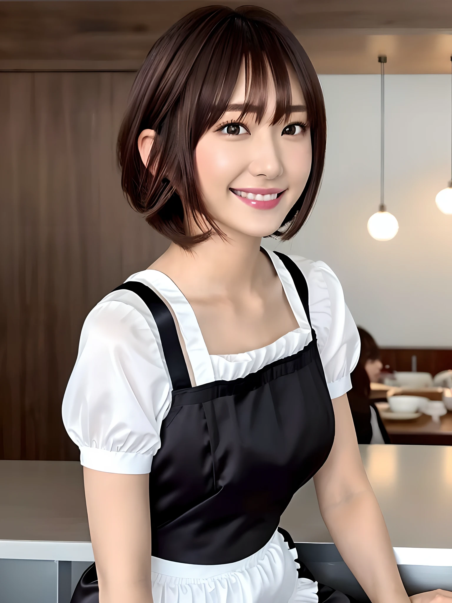 masutepiece, 1 girl per 1 photo, upperbody shot, front-facing view, a Japanese young pretty woman, Wearing a cute maid costume in short sleeve satin silky black、With a big smile in the café, Apron with white ruffles, a black choker, gigantic breasts, hyper cute face, Glossy lips, Sweaty body, Double eyelids in both eyes, Natural makeup, long eyelashes, Shiny smooth light brown hair with short bob hair, asymmetrical bangs, Tanned skin, central image, 16K resolution, high detailing, detailed hairstyle, Detailed face, spectacular movie lighting, Octane Rendering, Vibrant, Hyper realistic, Perfect limbs, Perfect Anatomy, upper body,floating hair, face focus