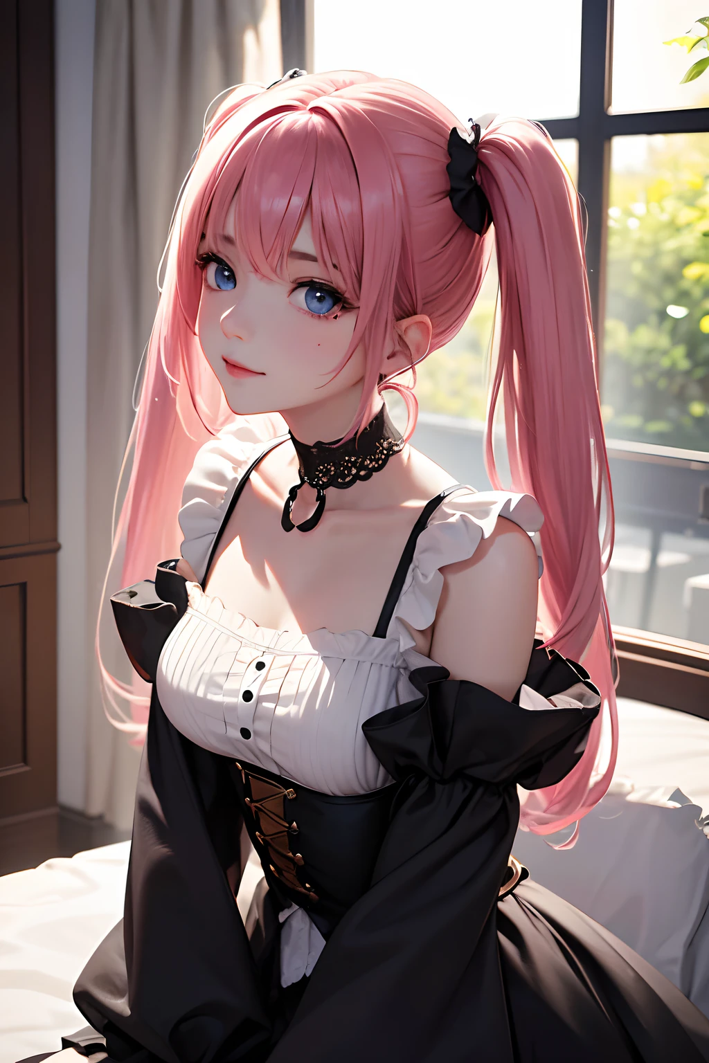 1girl in、looking at the viewers、
The upper part of the body、Beautiful blue eyes、Twin tails pink hair color、Moles under the eyes、Plump and glossy lips、Heart-shaped choker、gazing at viewer、smiling at the viewer、。.。.。.。.。.。.。.。.。.。.。.。.。.。.。.。.。.。.。.。.。.。.3D、realisitic、
Blouses with ruffles、Ultra mini skirt、florals、Lace trim、Luxurious rooms with luxurious décor、
masterpiece、top-quality、8K、detailed skin textures、Detailed Cloth Texture、beautifull detailed face、intricate-detail、ultra-detailliert、
Rim lighting、Side lighting、ciinematic light、超A high resolution、8K UHD、film grains、Best Shadow、delicated、gazing at viewer、front facing、The gesture of waiting for a kiss