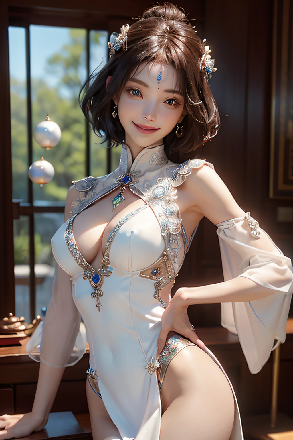 ​masterpiece、hightquality、3D、8K CG、intricate detailes、细致背景、Sacred。ornament detached, Dylan Kowalski, ((1girl)), The upper part of the body, musculature, Skindentation, looking to side, shorth hair, artificial leg, Mechanical arm, Synthetic skin, porcelain, pearls, Holographic, Titanium, Diamonds, ruby, sapphires, Pedras preciosas, clockwork, grunge, worn edges, s Armor, Beautiful breasts、a smile、