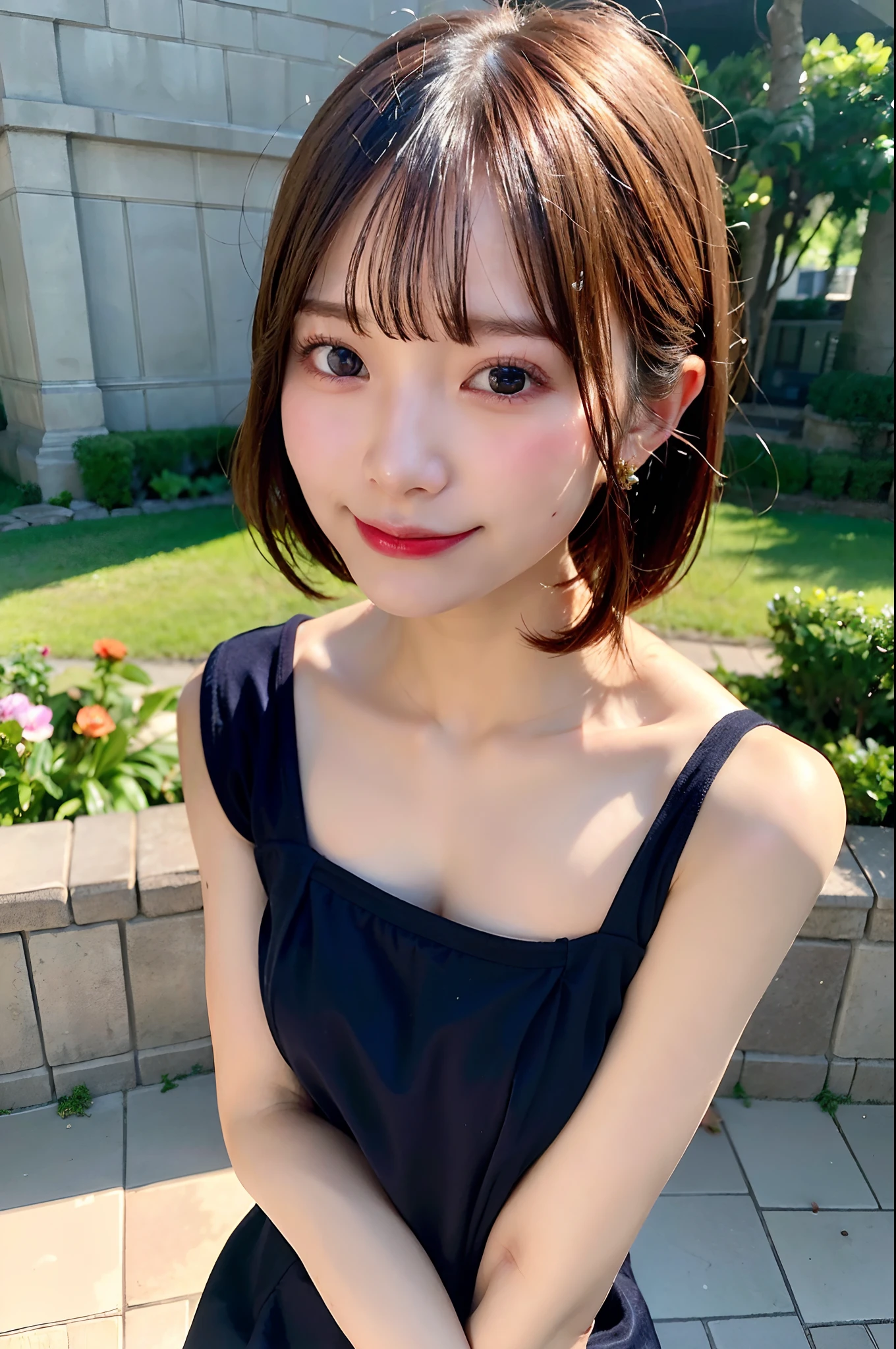 ((highest quality、best image quality、Ultra - High resolution、Drawn in ultra-high definition、solo、Please look closely at the camera、light colored eyes))、1 girl、realistic、Depth of bounds written、natural soft light、daytime、attractive、beautiful face、cleanliness、pure face、white skin、cute、short hair、beach、Light of the sun、nadium chest、Full body Esbian、((light dark blue sweater、Gold is better than beauty、very beautiful big、beautiful and very big breasts、open your chest、show to audience、Expose your hips、expose one's shoulders、She is leaning forward and showing off her breasts.))、long neck、Please show your ears、Beautiful short bob hair with bangs、very smiling、perfect fingers、perfect hands、perfect body、perfect face、shine a light on the eyes、perfect anatomy、tall supermodel、supermodel with long legs、Supermodel with a long neck、broad shoulders、arms should be lowered to the sides、stand、Bust from slightly above、bright windowsill background、smile at the audience、laughter、smile、today is so big、beautiful teeth、beautiful teeth alignment、chest wide open、beautiful decolletage、Very beautiful sexy woman with a lot of exposure、Keep an eye on the audience、Look up at the viewer slightly above、Look up a little、Shadow Fade,camisole,