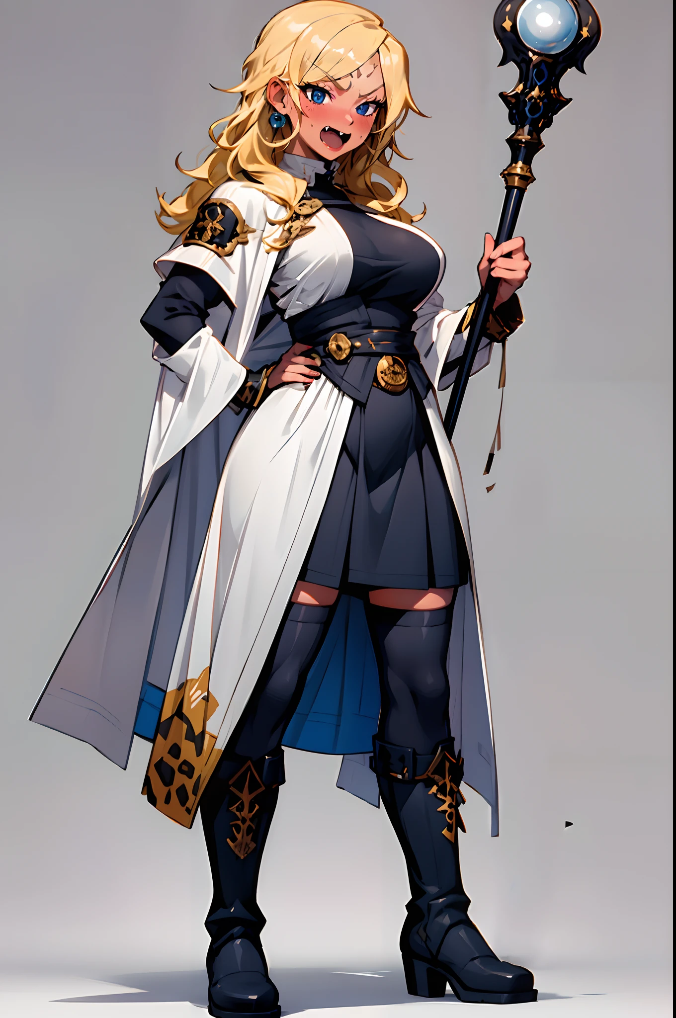 blond hair, blue eyes, gyaru,blush,fang,big breast, wizard cloths, shocked, leopard skin cloths, standing, full body, boots, midget, wizard tunic, staff holding, large skirt