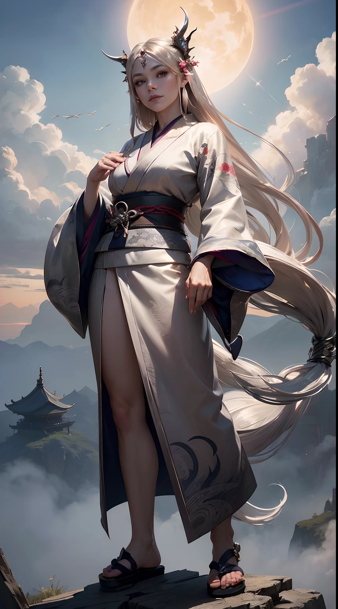 Full body fantasy character half dragon, (serenety face:1.3), (wearing an oriental kimono:1.1), (long silver hair:1.5), (peaceful look:0.6), (standing in the air:1.1), (look at the the viewer:1.3), (sky:1.2), heavenly background, chaotic and intricate background, flare lens, clouds, sunray, lightining, 4k, hyper detailed, hyper realistic, HDR+