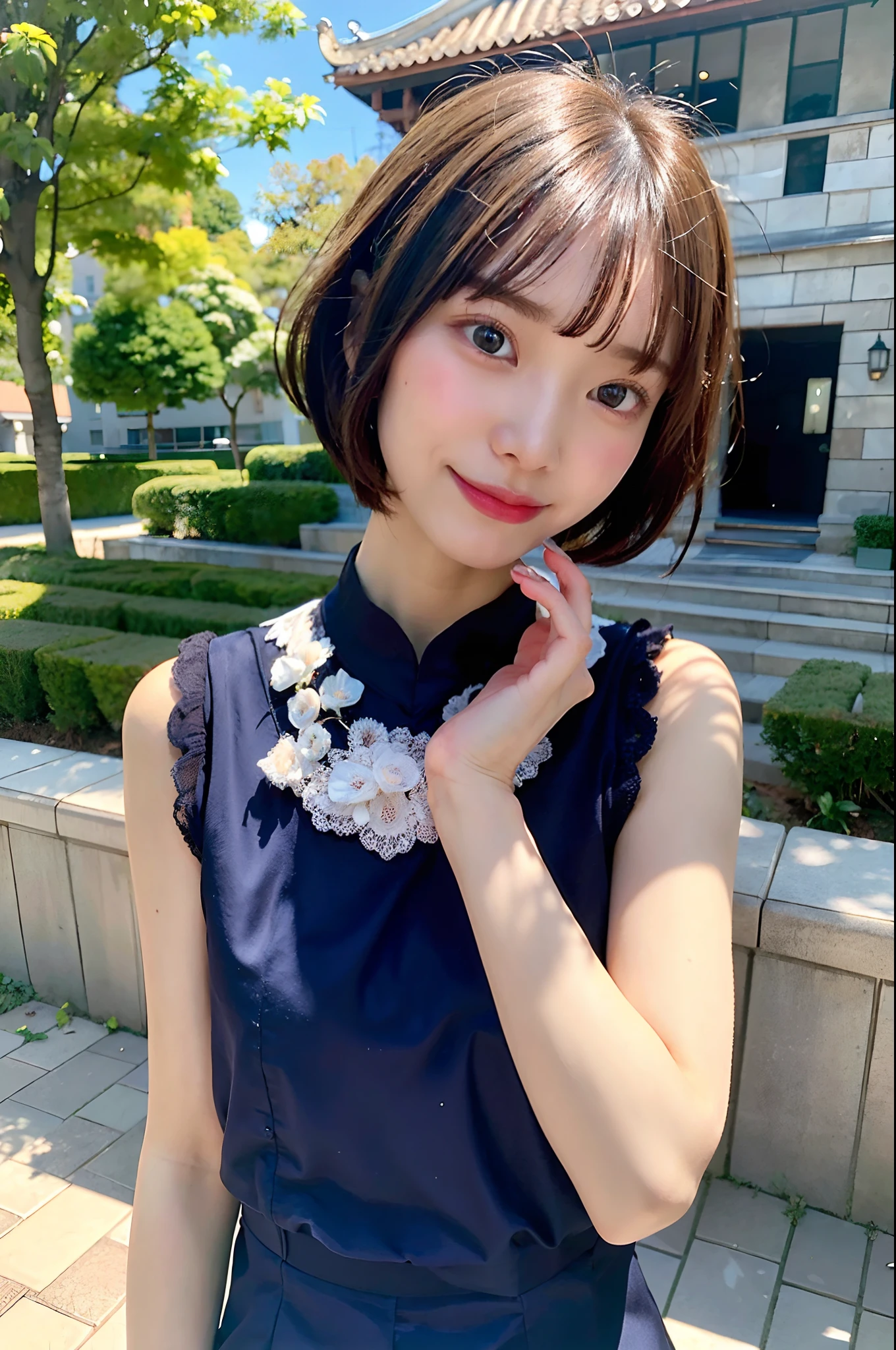 (top-quality、8K、32K、masuter piece、nffsw:1.2)、profile、(slim figure:1.2)、(s lips) 、qipao dress、age19、(Short bob hair:1.3)、Cosplay、二重まぶた、shinny skin、Realistic rays、mare、beauitful face、(A smile:1.3)、crouching down、(From  above:1.2)、(a closeup:1.4)、blurry backround、(Front Focus)、(Dark: 1.6)、Fantasy Art、photoRealstic、Professional Lighting、extra detailed face、Award-winning、deep-shadows、The Great Wall of China