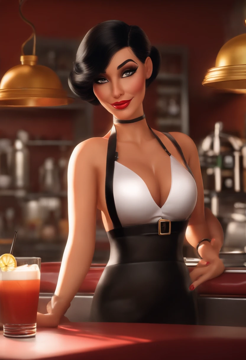 A Pixar mom working in a cafe as a barista, Relaxing in just an apron with black hair, makeup, a lewd facial expression, wearing her latex outfit, looking sexy, wide hips, unbelievably big, juicy breasts, in a room red, sex slave, unbelievable sex, holding a coffee, cinematic light, soft light, golden Hiur