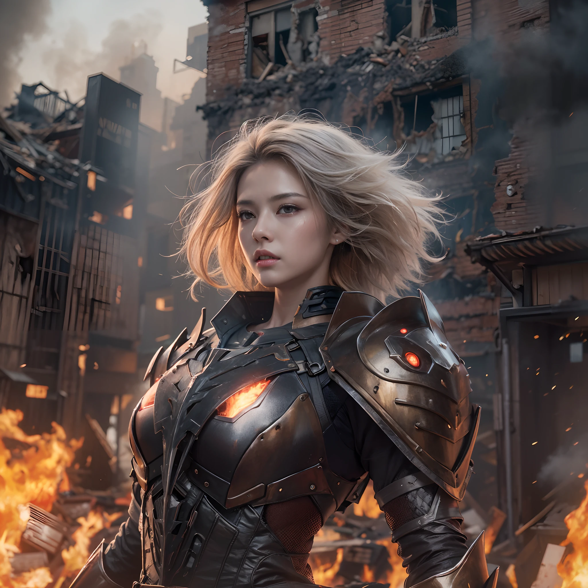 8k, top-quality, （pubic hair beauty）、hight resolution, realisticlying, realperson, A hero wearing glowing armor fighting black smoke and assimilated monsters、The hero is a woman in a building street where fire and smoke rise、The building is collapsing