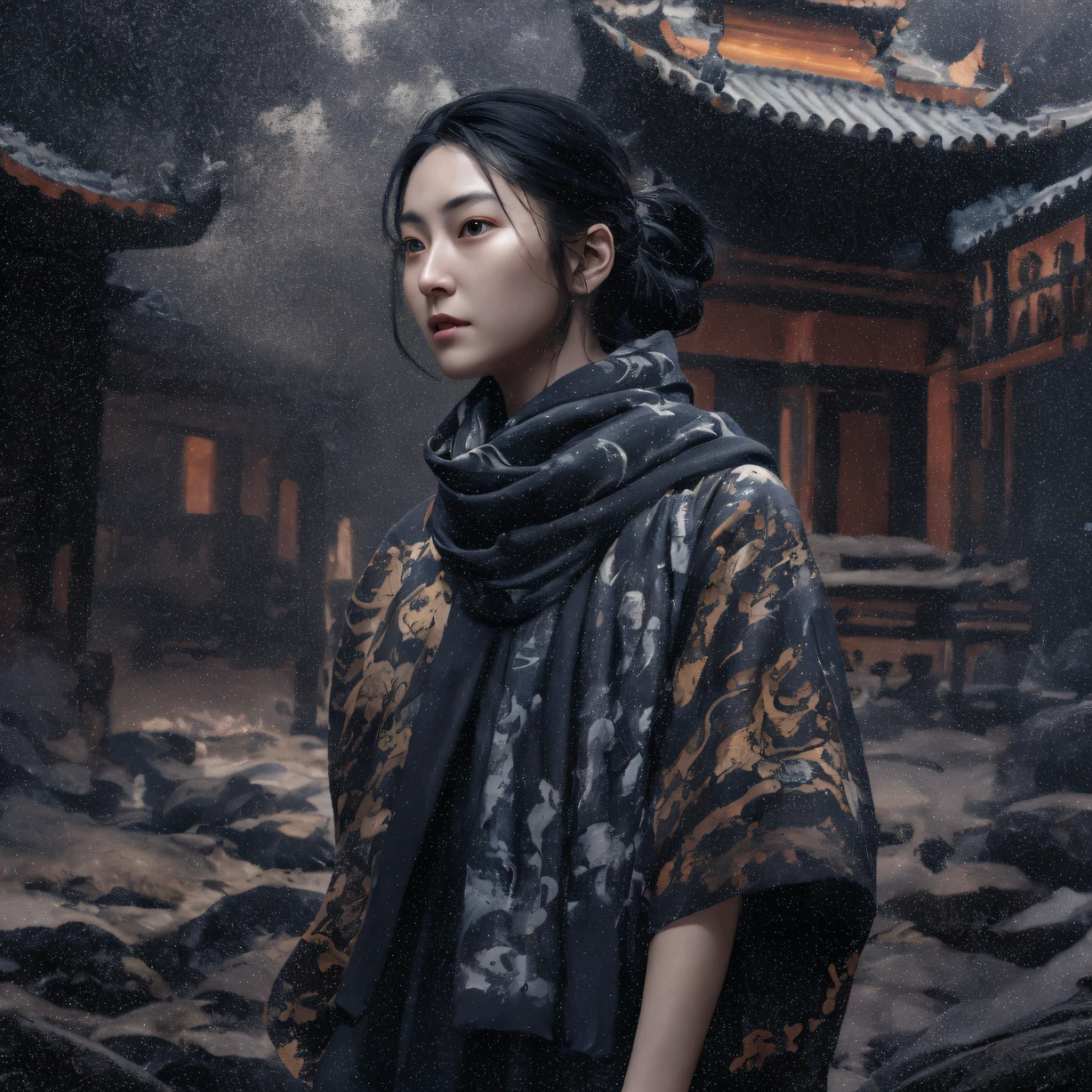 Side 32K，exteriors，Roof，People are small（tmasterpiece，k hd，hyper HD，32K）Long flowing glossy black hair，Tang dynasty complex，zydink， a color，Morning（canyons）， （Linen batik scarf）， Combat posture， looking at the ground， Linen bandana， Chinese python pattern long-sleeved garment， Morning（Abstract gouache splash：1.2）， Dark clouds lightning background，sprinkling（realisticlying：1.4），Black color hair，The dust is blowing，Background fog， A high resolution， the detail， RAW photogr， Sharp Re， Nikon D850 Film Stock Photo by Jefferies Lee 4 Kodak Portra 400 Camera F1.6 shots, Rich colors, ultra-realistic vivid textures, Dramatic lighting, Unreal Engine Art Station Trend, cinestir 800，Flowing shiny black hair,（（（National style building）））Full-body side