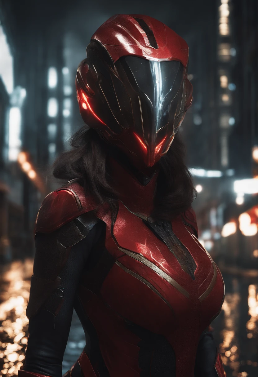 1 japanese girl, WARFRAME, intricate pattern, heavy metal, energy lines, faceless, glowing eyes, elegant, intense, blood red and black uniform, solo, modern, city, streets, dark clouds, thunderstorm, heavy rain,, dramatic lighting,, (masterpiece:1.2), best quality, high resolution, beautiful detailed, extremely detailed, perfect lighting,