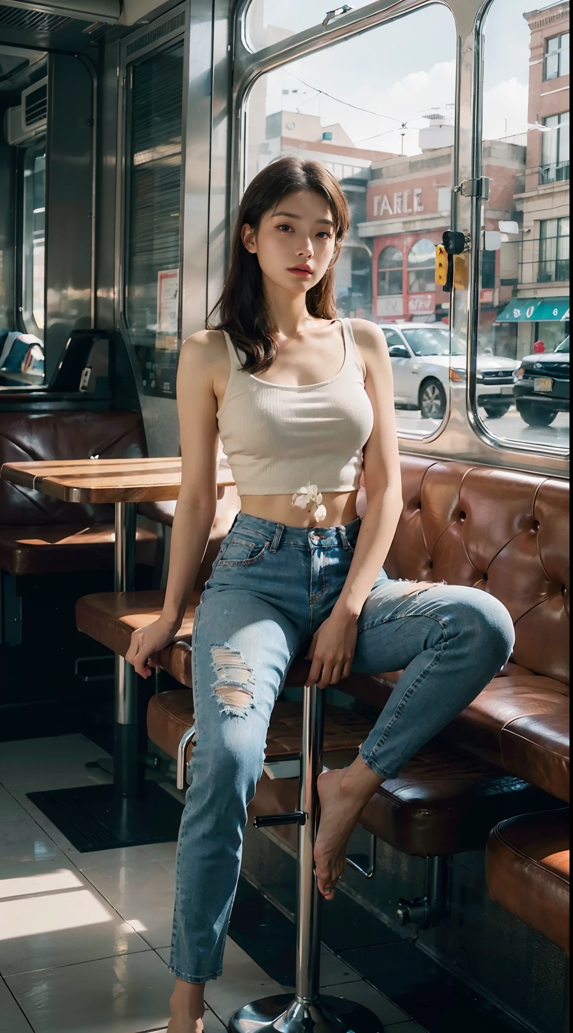 ((nsfw)), 8k, RAW photo, best quality, ultra high res, photorealistic, realistic photo of a girl wearing a croptop, bare shoulders, jeans, sitting in a diner, beautiful, detailed face, detailed, highres, realistic, photorealistic, full body, head to toe, legs, matte skin, pores, wrinkles, (extremely detailed CG unity 8k wallpaper), photo of the most beautiful artwork in the world, professional majestic (photography by Steve McCurry), 8k uhd, dslr, soft lighting, high quality, film grain, Fujifilm XT3 sharp focus, f 5.6, High Detail, Sharp focus, dramatic, (looking at viewer:1.2), (natural light)