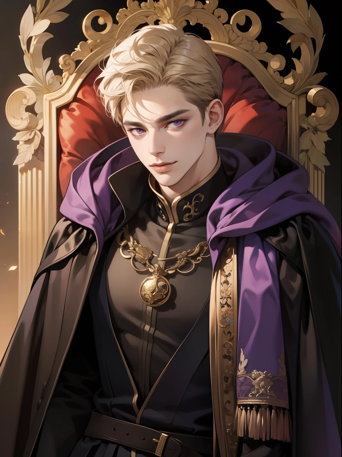 masterpiece, best quality, detailed face, realistic, 1man, mature male, handsome middle age man, 35 year old, a smirk, closed mouth, portrait, extremely detailed face, cold and smirk, ((dark purple eyes)), ((short-right-swept gold hair)), [thick eyebrows], on the throne, ((long black cape)), ((all black)), (dark purple eyes), fantasy, muscular body