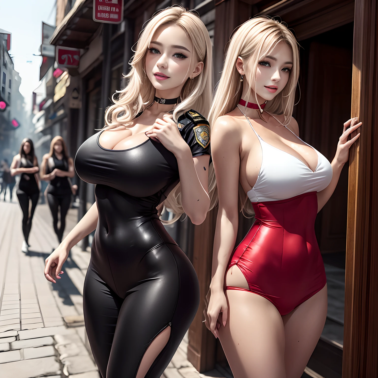 (8K,tmasterpiece:1.2),(Hyper-detailing),(ssmile:1.1),((wavy white long hair):1.3,beatiful detailed eyes,Light makeup,choker necklace,ear jewelry,Pink and moist lips,full body shot of),Two slender women,red color eyes,Lively streets,Absurd long white hair,(Police uniform),(Black combat uniform),Female police,Cocked buttocks,((Stretch meat,Fair and moisturized skin)),Be dignified and religious,),(The atmosphere is ambiguous,misty background,a fairy world:1.2),(long white hair)