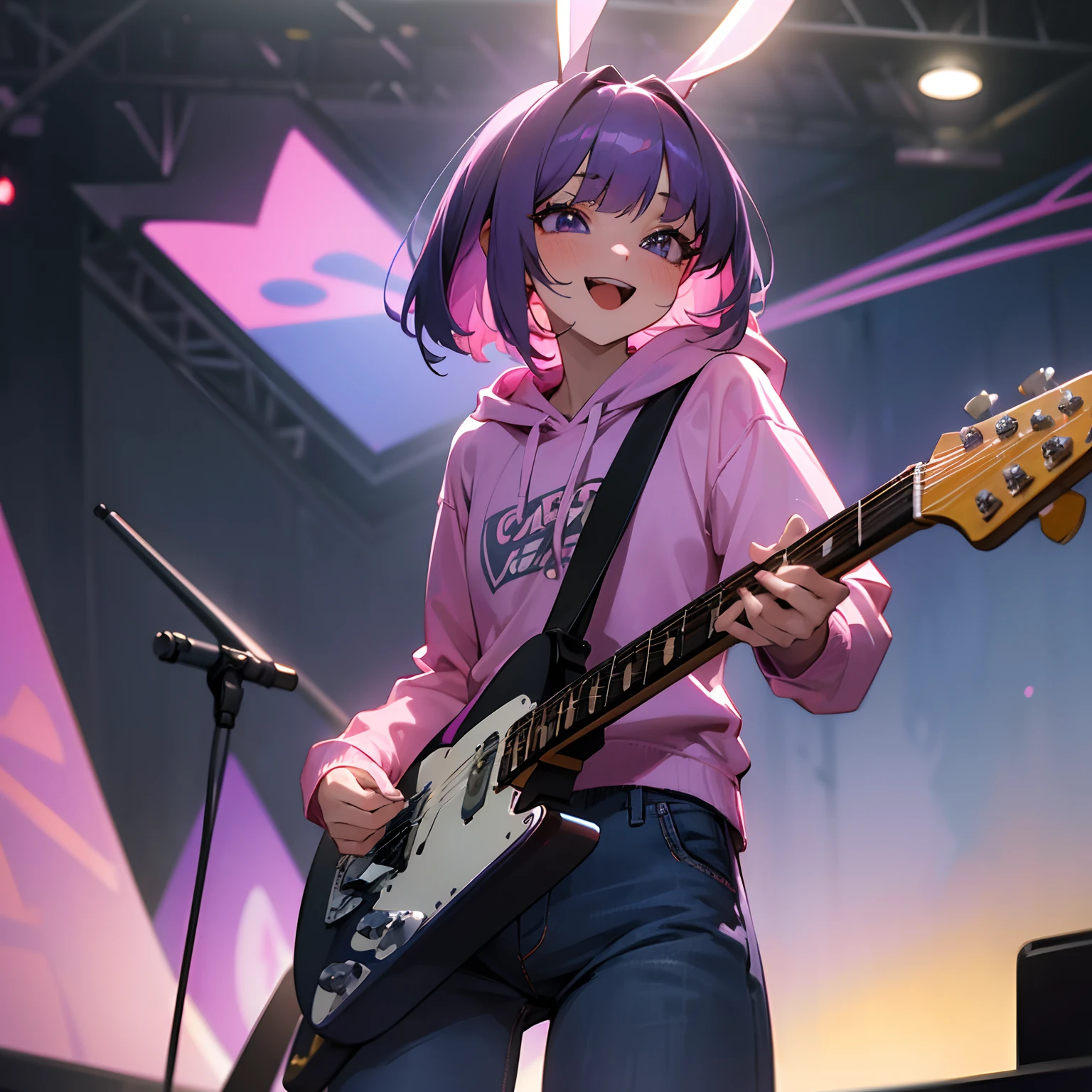((Masterpiece)), (High Definition:1.3), (Professional Photography:1.2), 8K, Realistic, Beautiful photo, Cute teenage Beautiful Girl, Slender body, Textured skin, (cinematic lighting),（messy medium bob, purple color hair)、put on Black bunny ears、(oversized cute pink hoodie), Tattered short trousers of jeans fabric、(crazy Eyes)、((hold a Telecaster electric guitar)), (stand on beautihul stage)、very blush、Big purple eyes, big Open your mouth, (crazy smile)