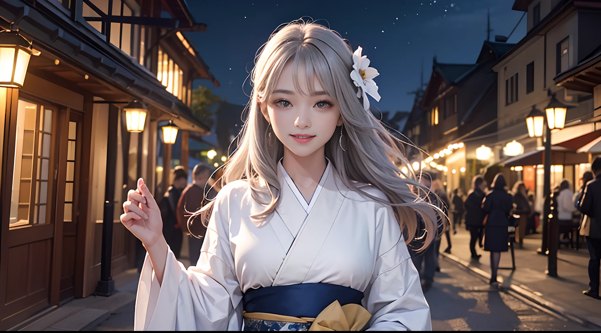 Wearing a white kimono、20 year old girl、Cute smile、eyes large、Gray hair、Long curled hair、detailed facial expression、The background is a night view、I'm looking at this、Signs of autumn、Eyes are sparkling、masterpiece、4K、