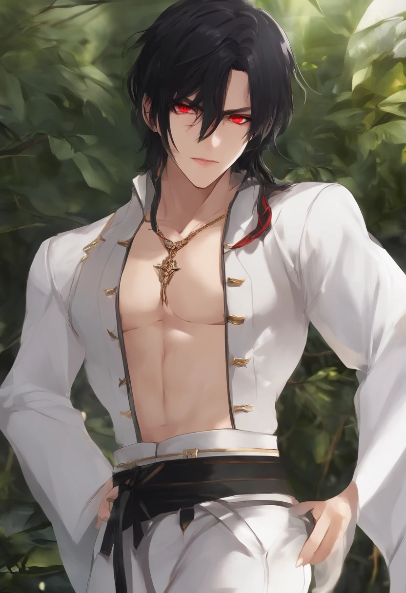 barechested，Asymmetrical hair，Black hair，Red eyes， in an M shape，Anime