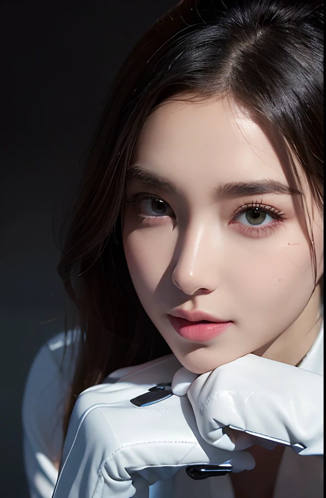 ((Beautiful face: 1.7, Perfect face: 1.3)), (From above: 1.2), Best Quality, epicd (by lee jeffries photo, sony a7, 50 millimeters, pores: 1.5, Colors, hyperdetails: 1.5, Film grain: 1.4, Hyper-realistic: 1.5), ultra realistic lifelike textures, masutepiece, unreal enginee 5, extremely detailed 8k CG wallpaper, Realistic eyes, Crazy detail photos, (ecstasy of light and shadow, deepshadow), (Pulitzer Prize for Best Photography and Taylor Wett Photography), leather jackets, Cool Beauty, scornful eyes, A slight smil, The gesture of pulling up the hair, Wear gloves, Cool Beauty, Tight-fitting material, shinny skin, Luminous skin, Beautiful expression, Wear a very tight suit and gloves, dripping saliva, scornful eyes, ssmile, Hands on rubber gloves cover, Stride Pose, Erotic, colorful skin, Well-formed face