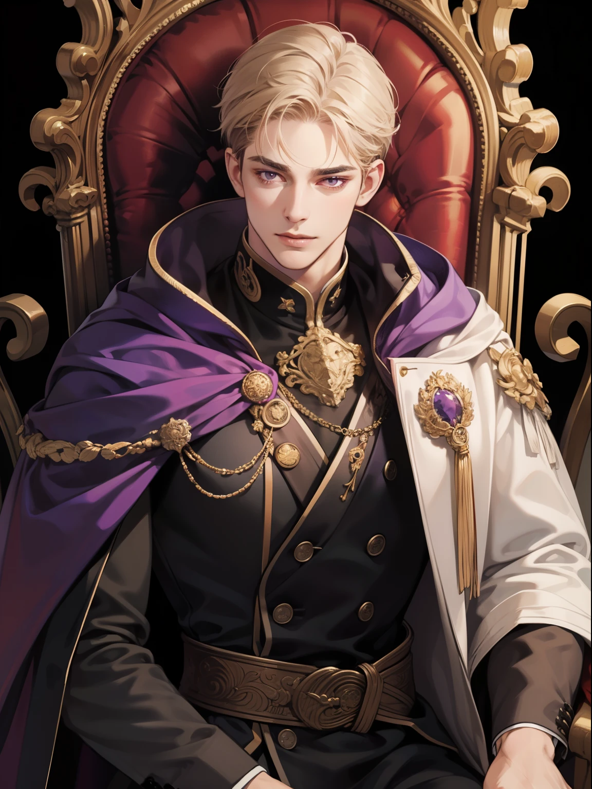 masterpiece, best quality, detailed face, realistic, 1man, mature male, handsome middle age man, 35 year old, a smirk, closed mouth, portrait, extremely detailed face, cold and smirk, ((dark purple eyes)), ((short-right-swept gold hair)), [thick eyebrows], on the throne, ((long black cape)), ((all black)), (dark purple eyes), fantasy, muscular body