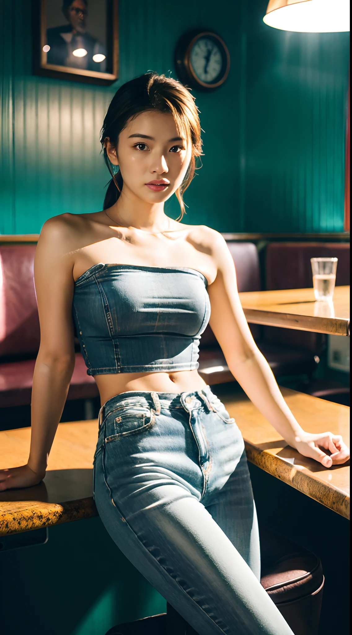 ((nsfw)), 8k, RAW photo, best quality, ultra high res, photorealistic, realistic photo of a girl wearing a croptop, bare shoulders, jeans, sitting in a diner, beautiful, detailed face, detailed, highres, realistic, photorealistic, full body, head to toe, legs, matte skin, pores, wrinkles, (extremely detailed CG unity 8k wallpaper), photo of the most beautiful artwork in the world, professional majestic (photography by Steve McCurry), 8k uhd, dslr, soft lighting, high quality, film grain, Fujifilm XT3 sharp focus, f 5.6, High Detail, Sharp focus, dramatic, (looking at viewer:1.2), (natural light)