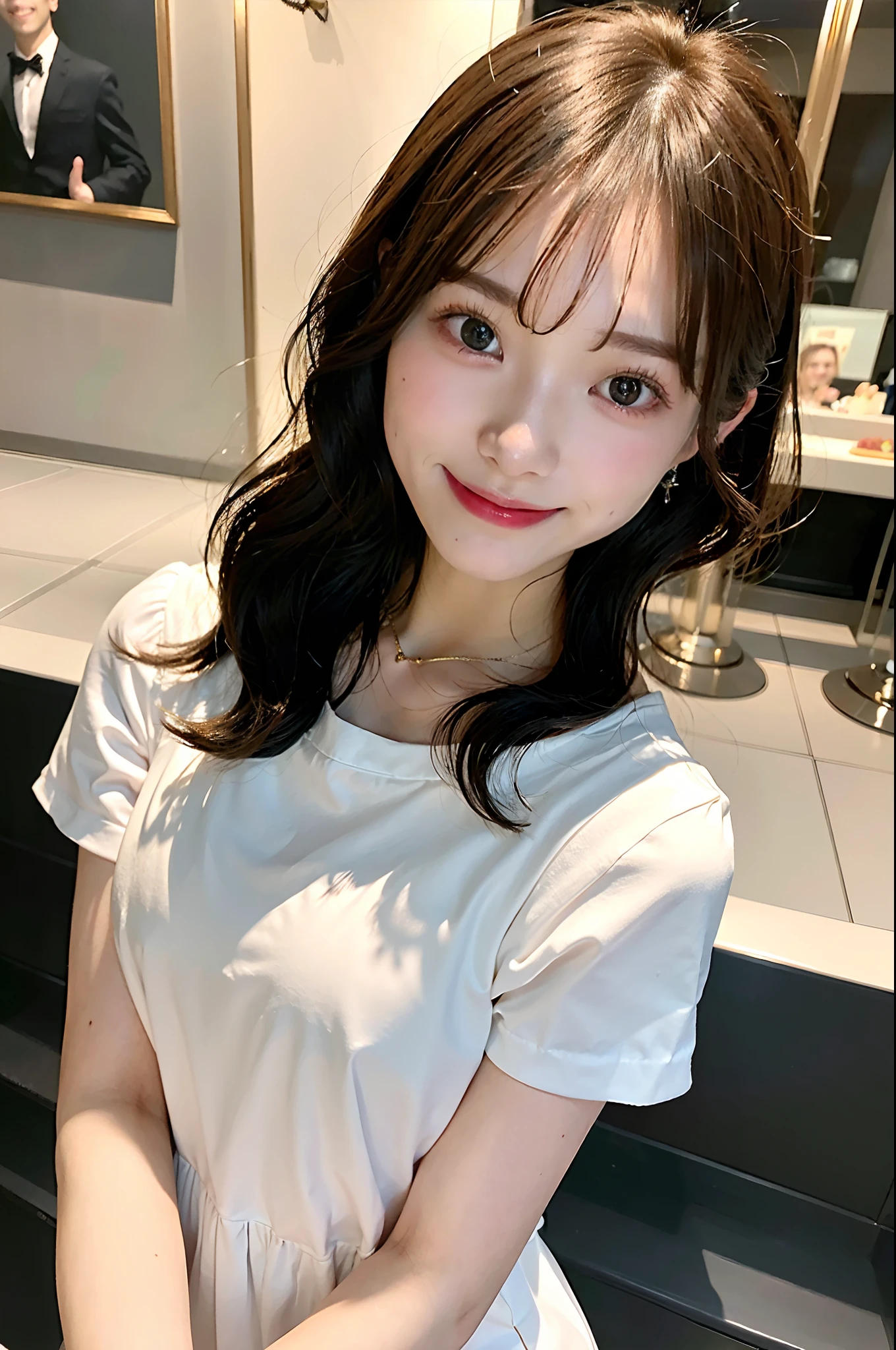 (top-quality、8K、32K、masterpiece、nffsw:1.2)、Cute Japan pictures of married girls、A smile、beauitful face、(Slouched:1.3)、crouching down、(From above:1.2)、(a closeup:1.4)、POV、Loose-fitting T-shirt、large full breasts、(beautiful nipple slips:0.9)、outside of house、the wind、shinny skin、blurry backround、
