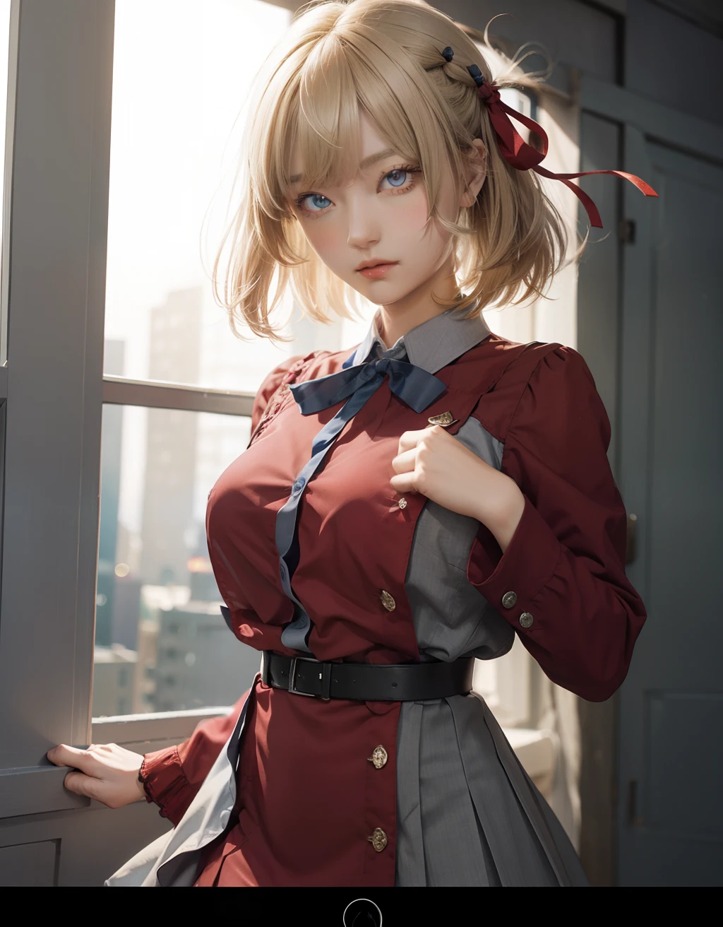 chisatonishikigi, nishikigi chisato, short hair, bangs, blonde hair, (red eyes:1.5), hair ribbon, one side up, bob cut,
BREAK shirt, long sleeves, dress, ribbon, white shirt, collared shirt, belt, neck ribbon, red dress, blue ribbon, pleated dress, grey dress, two-tone dress, red belt, lycoris uniform,,
BREAK outdoors, city,
BREAK looking at viewer, BREAK (masterpiece:1.2), best quality, high resolution, unity 8k wallpaper, (illustration:0.8), (beautiful detailed eyes:1.6), extremely detailed face, perfect lighting, extremely detailed CG, (perfect hands, perfect anatomy),