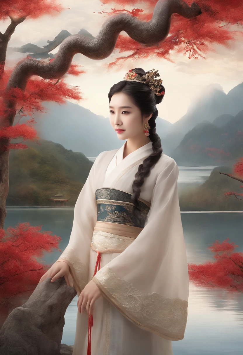 A girl with traditional Chinese style clothing standing near a calm and beautiful lake, a majestic dragon soaring in the sky above. The girl has delicate facial features, with graceful eyes and lips. The artwork is created using traditional ink painting techniques, combining ink wash and line drawing. The image is of the best quality, with ultra-detailed elements and a realistic, photorealistic feel. The colors are vibrant and vivid, with a warm color tone to create a nostalgic atmosphere. The lighting is soft and diffused, casting a gentle glow on the scene.