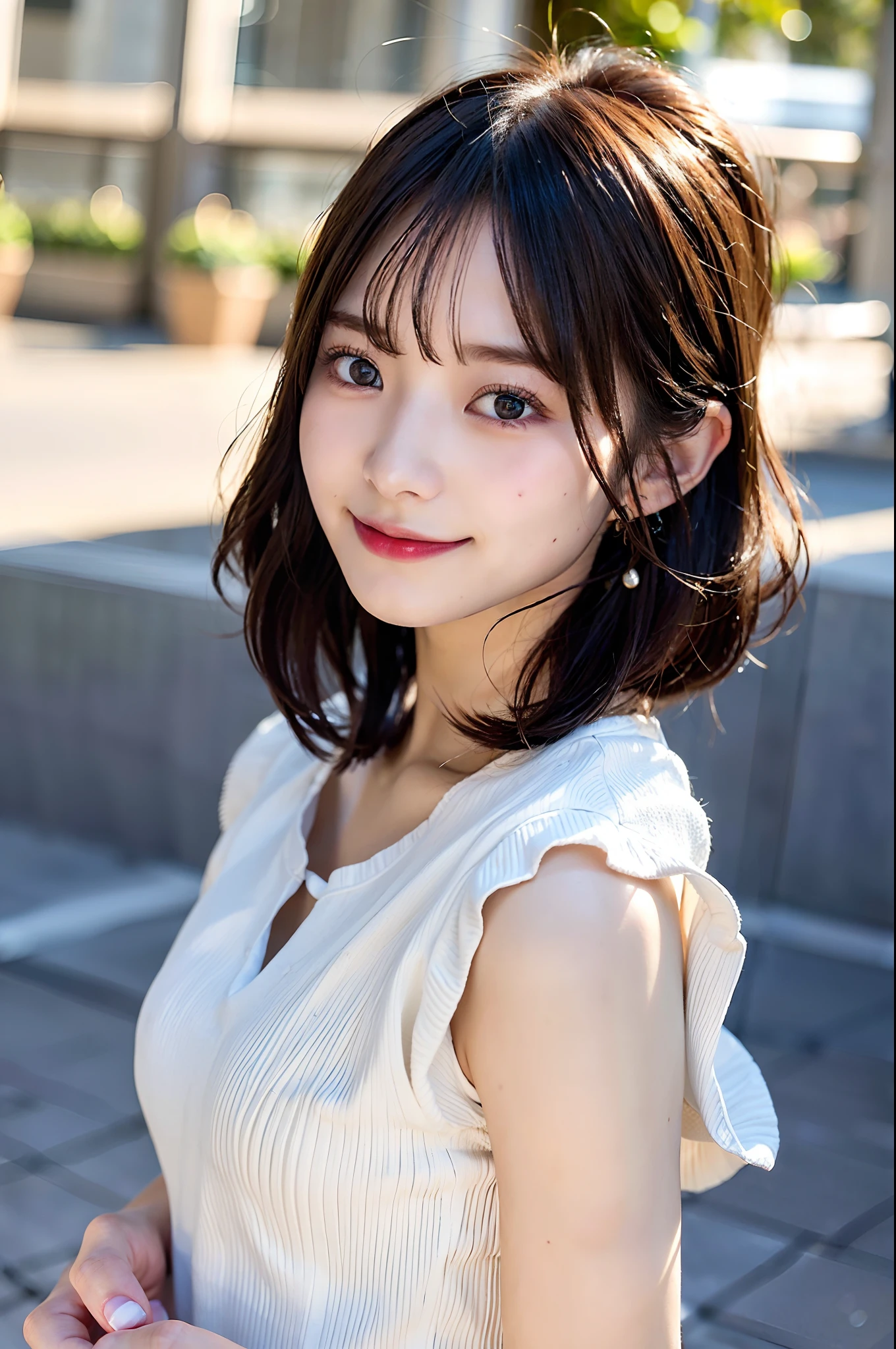 (8K, Photoreal, Raw photo, best image quality), Japanese high school girl、(random hairstyle)、cleavage、super detail face、eye for details、double eyelid、Beautiful woman、light brown hair、highest quality、masterpiece、超A high resolution、Shy Smile、thin、short haired、swimsuit、pool