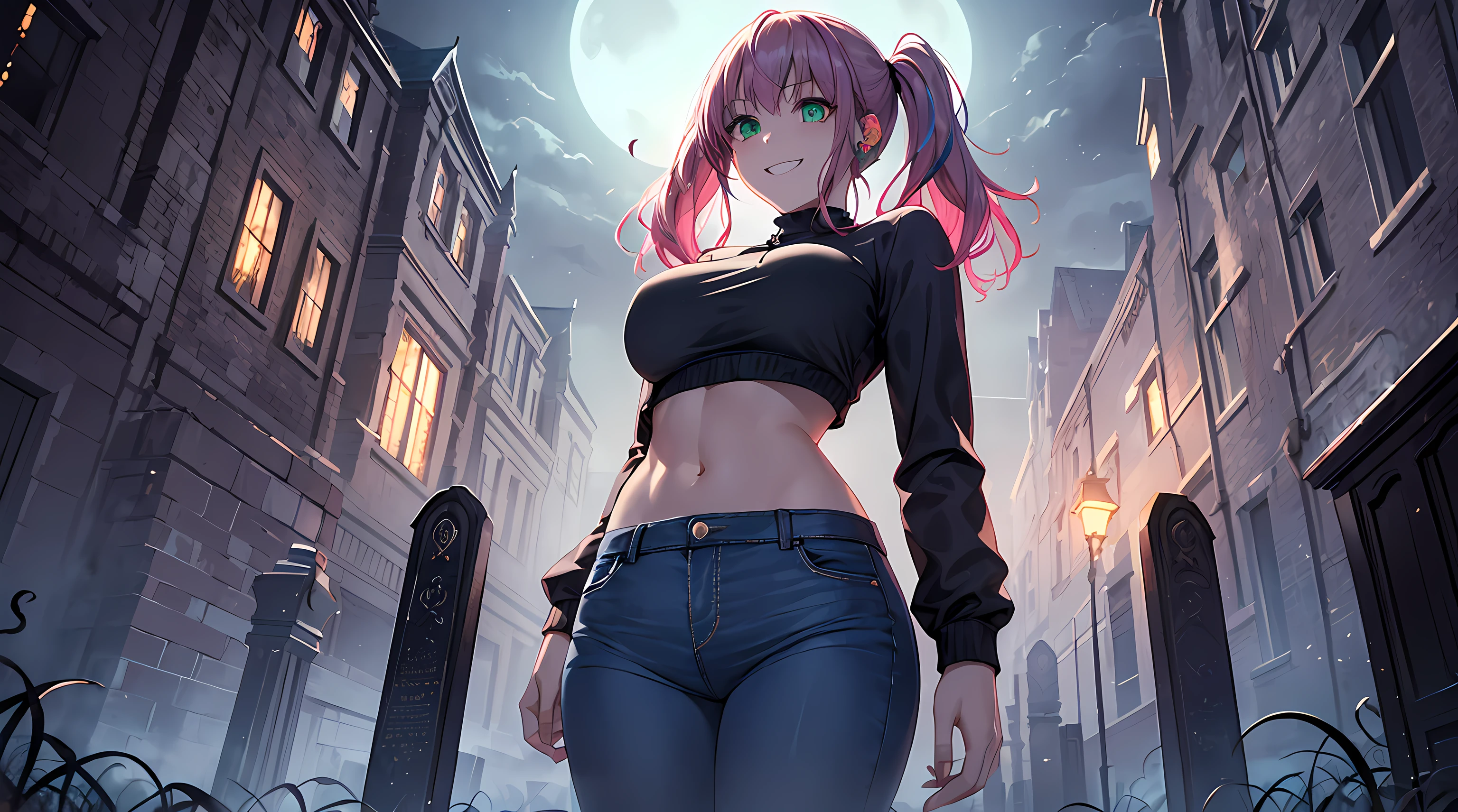 masterpiece, 1girl ((20year old, crop top exposes navel, tight blue jeans, sneakers, medium breasts, multicolor pink hair, twin ponytails, perfect model body)) ((green eyes)), ((flirting, happy, big smile, looking up, headphones, standing in a graveyard with scary haunted Victorian style mansion in the background at night, moonlight, scary, spooky atmosphere)) ((nighttime)) ((solo))