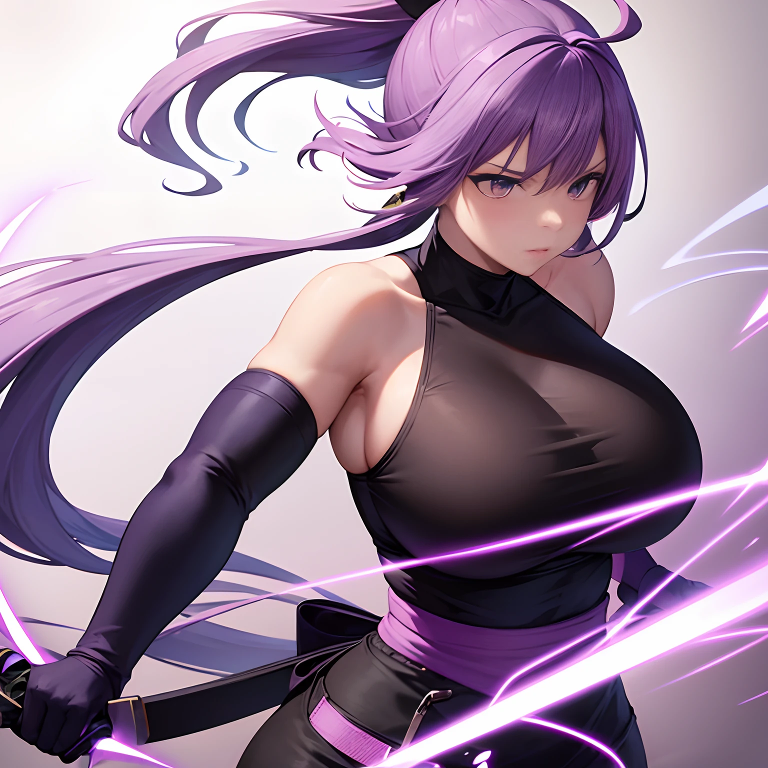 huge boobs,ponytail,light purple hair,ninja,slashing effect,effect,knife,exposure,