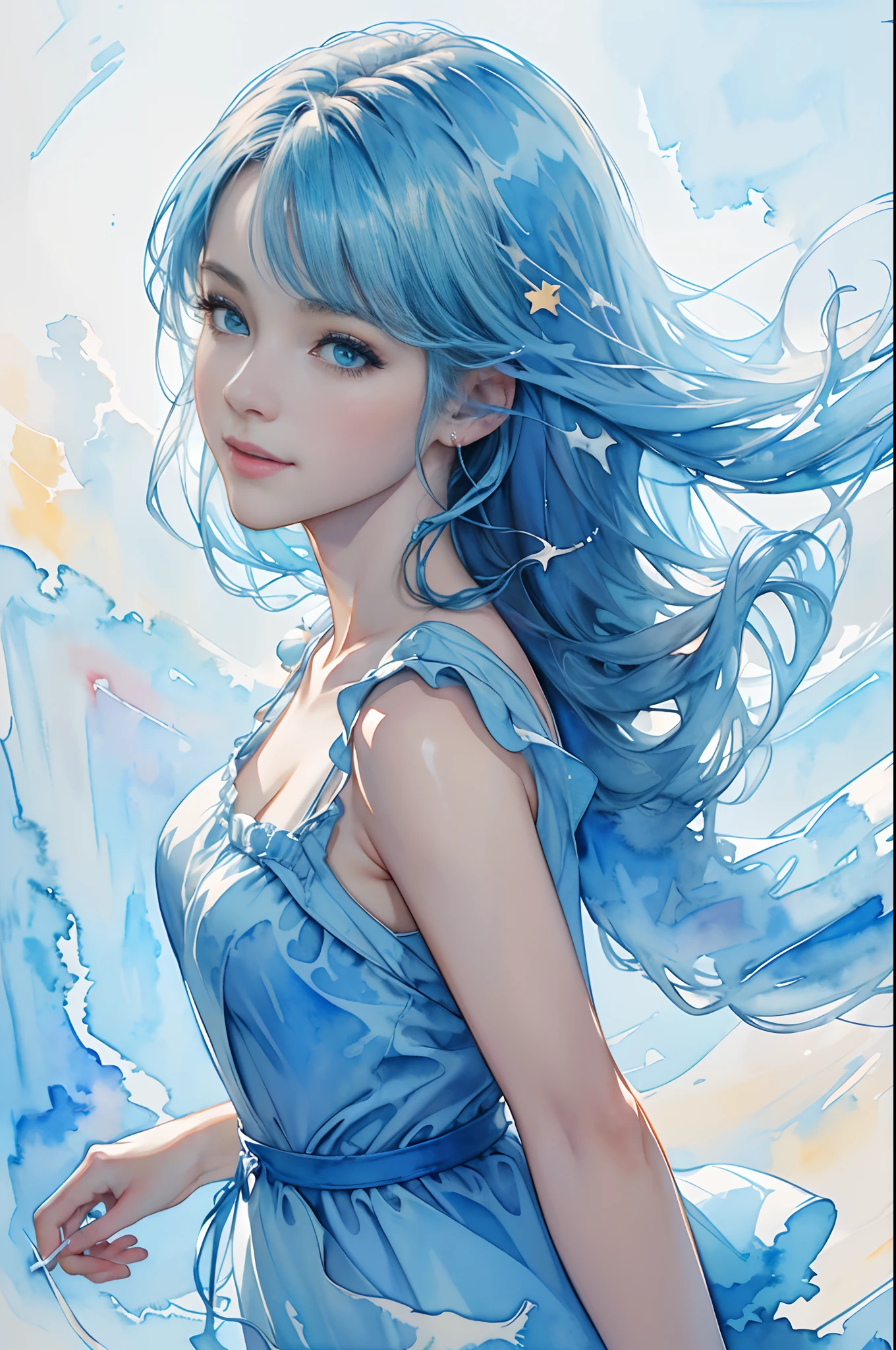 8K,​masterpiece,top-quality, (From the top:1.6) ,(close up:1.1),Dynamic Pose,30-year-old woman with,Portrait, light, Long hair, ssmile, watercolor paiting \(Medium\),watercolor paiting,(A plain semi-light blue dress that adheres to the body:1.3)