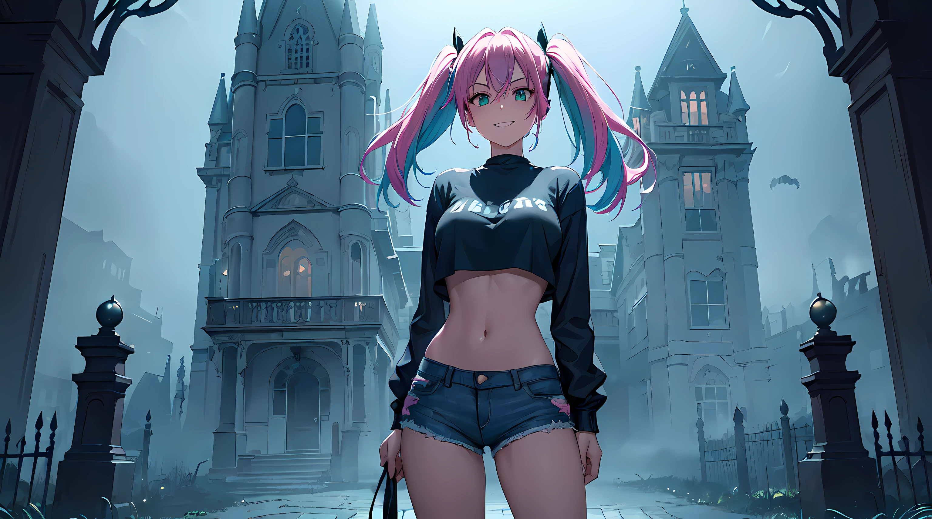 ​masterpiece, 1girl ((20year old, crop top exposes navel, tight blue jeans, sneakers, , multicolor pink hair, twin ponytails, perfect model body, green eyes, , happy, big smile, headphones, standing in a graveyard with scary haunted Victorian style mansion in the background at night, neon lights and scary, eerie and spooky atmosphere)) ((nighttime)) ((solo))