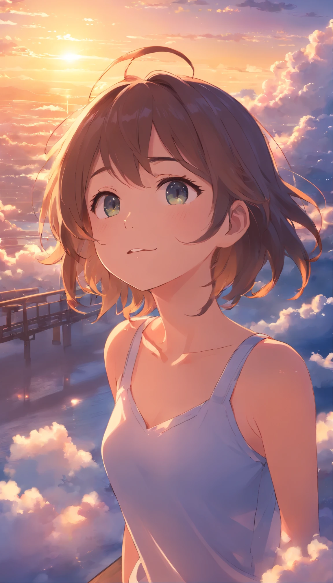 masterpiece, Highest Quality, Movie Steel, 1womanl, Cloud Ready, Floating in the sky, close-up, cheerfulness, Happiness, Warm and soft lighting, Sunset, Sleeping, Sleep on your stomach, sleep, Eyes closed, Fatigue. (sparks:0.7)