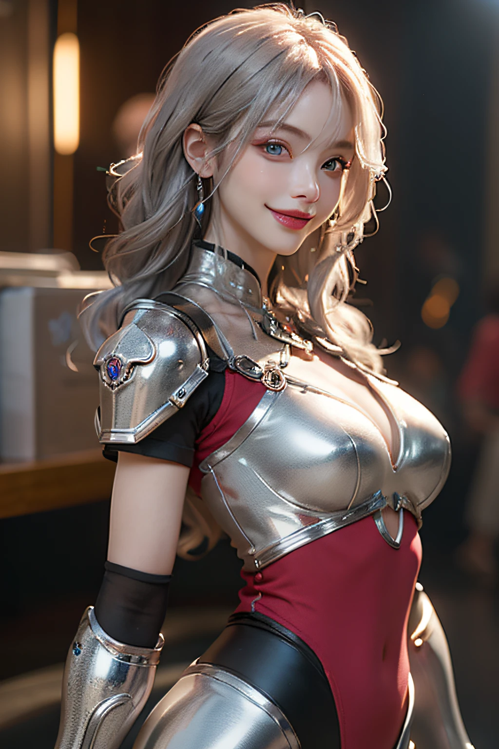 masterpiece、hightquality、。.3D、8K CG、intricate detailes、细致背景、Sacred。ornament detached, Dylan Kowalski, 17yo,((1girl in)), The upper part of the body, musculature, Skindentation, looking to side, Silvery hair、length hair, Mechanical arm, synthetic skin, porcelain, pearls, Holographic, Titanium, Diamonds, ruby, sapphires, Pedras preciosas, Clockwork, grunge, worn edges, s Armor, Beautiful breasts、A smile、