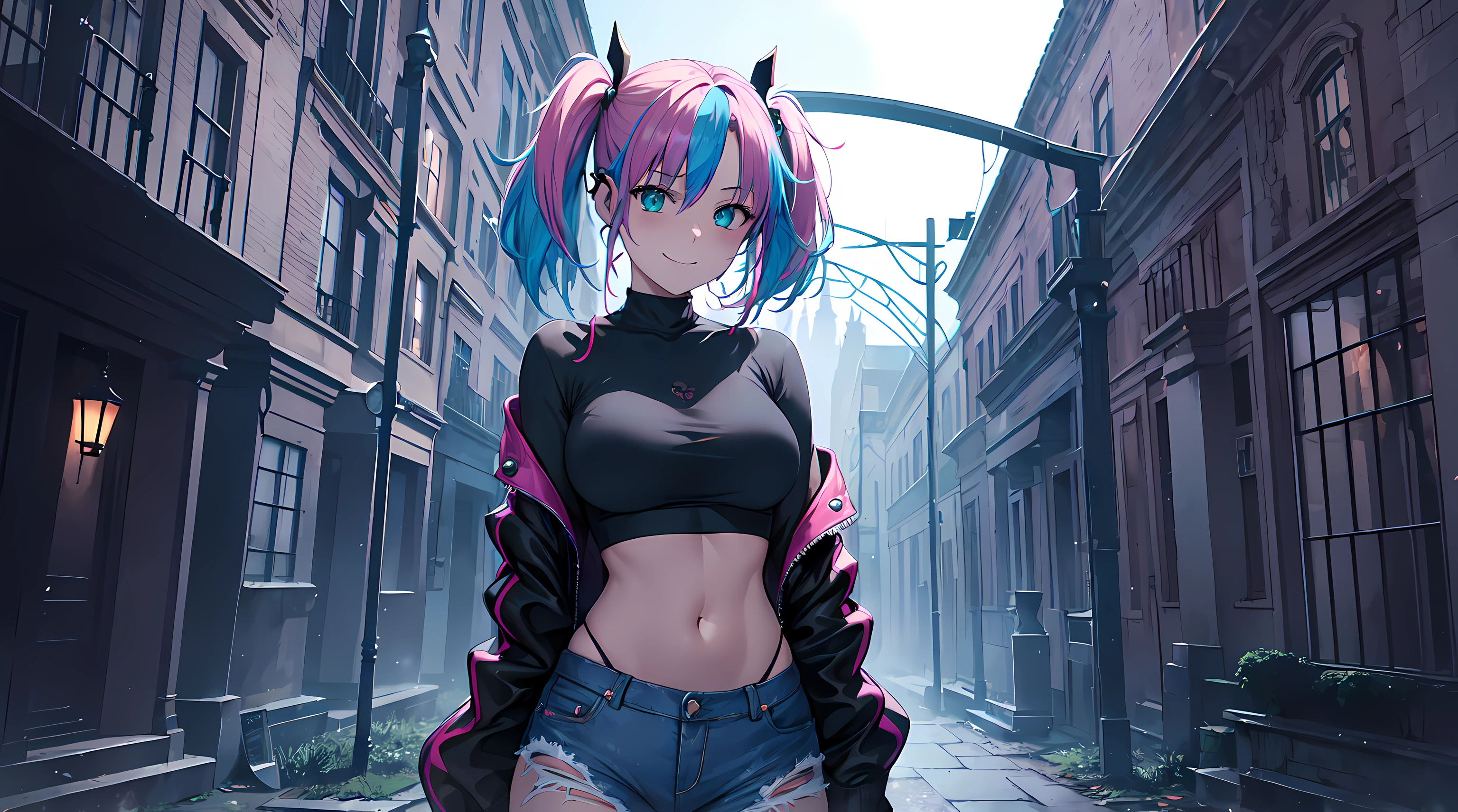 solo short female, short messy hair, dark pink hair, black sclera, pink eyes, freckles, small snout, shark humanoid, triangular ears, large breasts, extremely slim waist, shark teeth, day, sidewalk, close up, pink skin, white skin, two color skin, small snout, tight shirt, shorts, shark tail, gills, midriff, cheerful, tomboy, adult