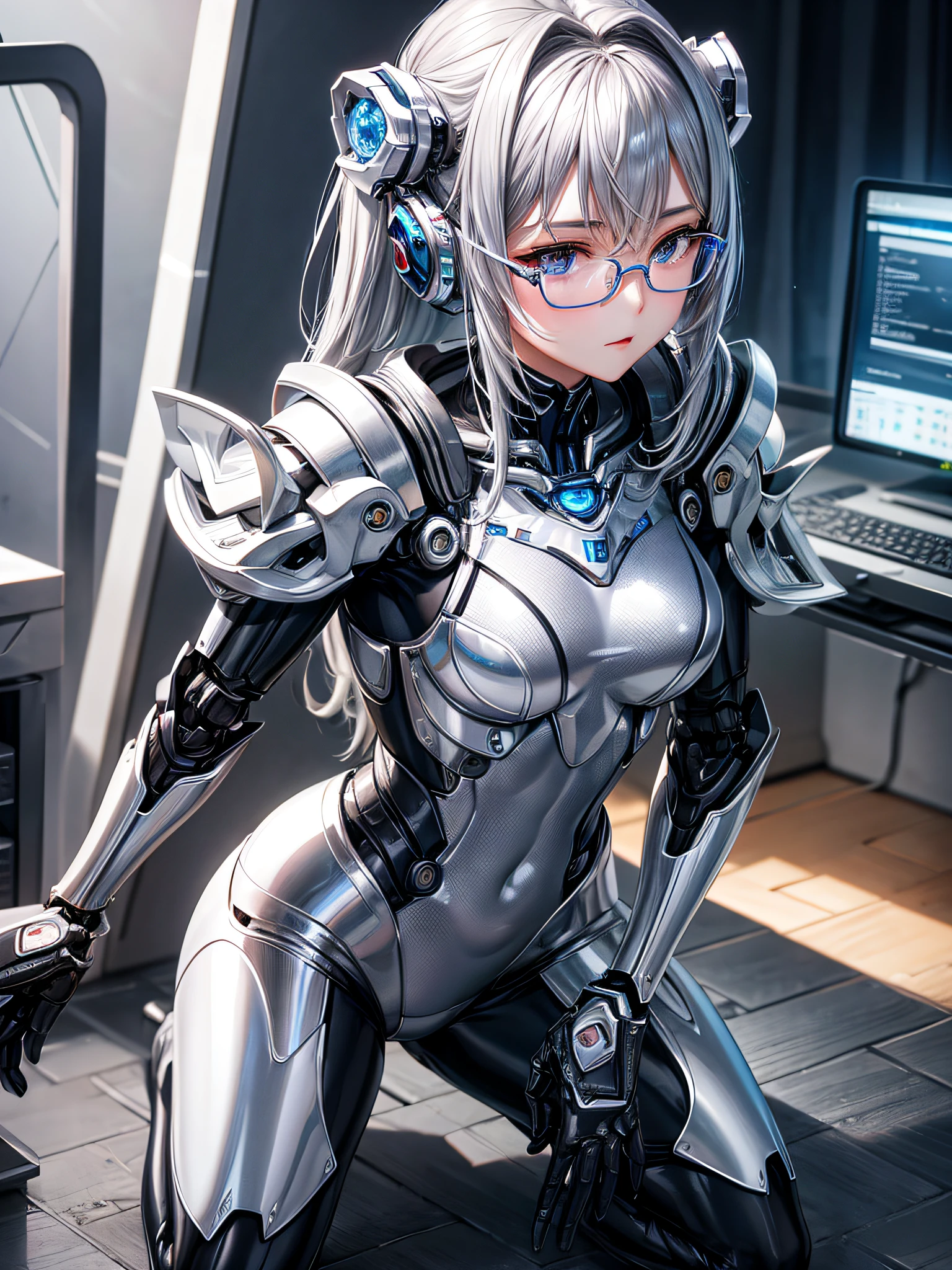 5 8K UHD、Silver metallic body mechanical beauty with glasses is kneeling、Silver metallic robot with hidden skin shiny