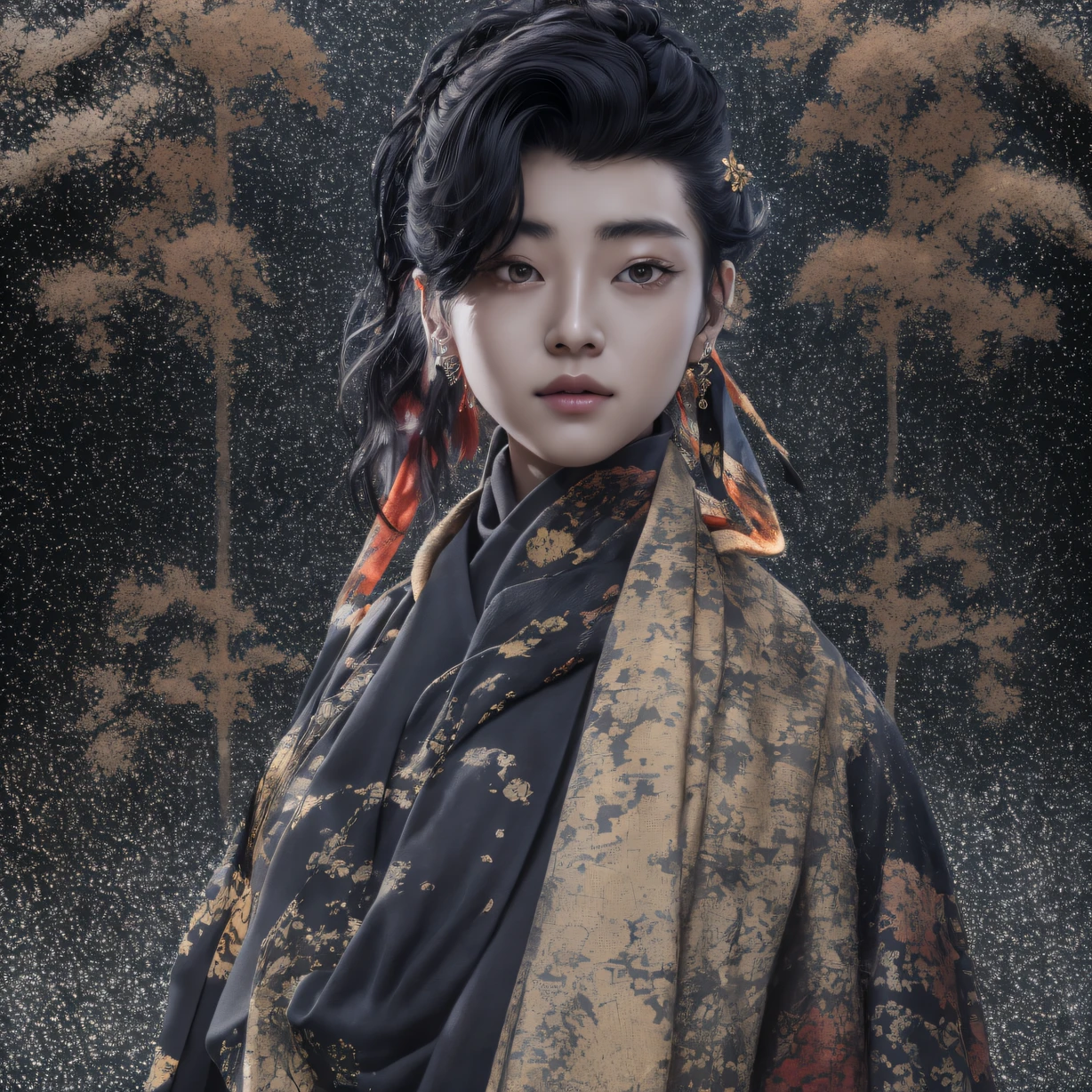 Side 32K，exteriors，Roof，People are small（tmasterpiece，k hd，hyper HD，32K）Long flowing glossy black hair，Tang dynasty complex，zydink， a color，Morning（canyons）， （Linen batik scarf）， Combat posture， looking at the ground， Linen bandana， Chinese python pattern long-sleeved garment， Morning（Abstract gouache splash：1.2）， Dark clouds lightning background，sprinkling（realisticlying：1.4），Black color hair，The dust is blowing，Background fog， A high resolution， the detail， RAW photogr， Sharp Re， Nikon D850 Film Stock Photo by Jefferies Lee 4 Kodak Portra 400 Camera F1.6 shots, Rich colors, ultra-realistic vivid textures, Dramatic lighting, Unreal Engine Art Station Trend, cinestir 800，Flowing shiny black hair,（（（National style building）））Full-body side