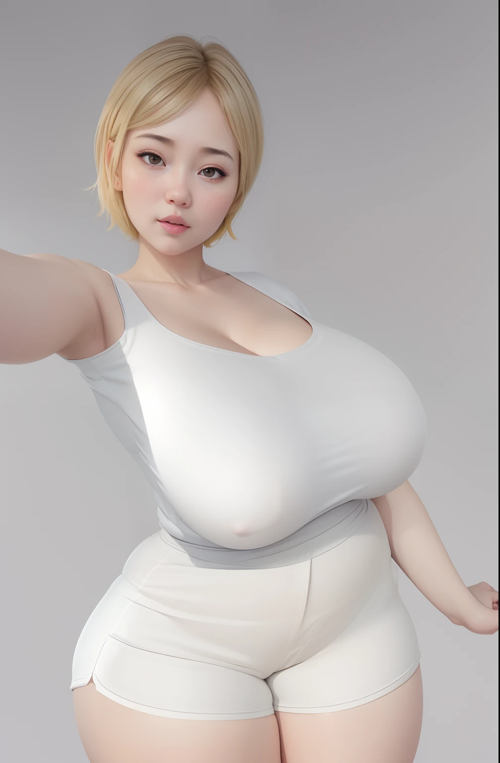 (best quality), big head, (1girl with gigantic breasts:1.3) Joy vibing , Casual Shirt , Hot pants , Fat girl , Fat belly , korean , Short hair , short hair , blonde hair , blonde eyebrows , selfie , selfie POV , Ultra HD , 8k