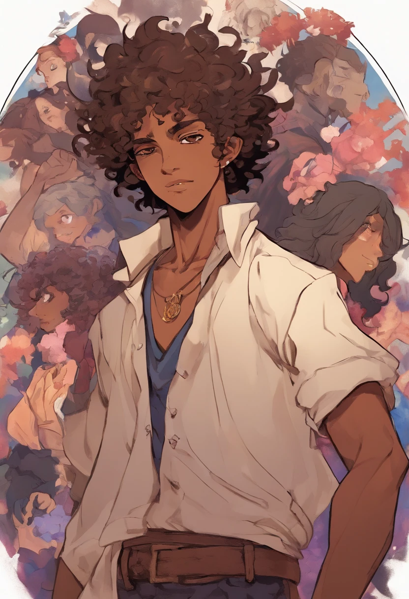 Dark-skinned ager, beau, Curly hair falling out, turtleneck, ronin, Anime, Style Demon Slayer