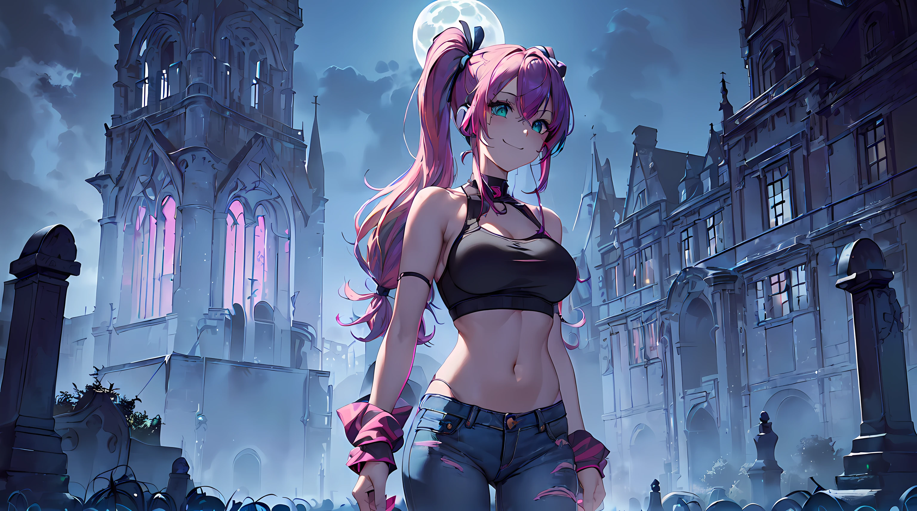 masterpiece, 1girl ((20year old, crop top exposes navel, tight blue jeans, sneakers, medium breasts, multicolor pink hair, twin ponytails, perfect model body)) ((green eyes)), ((flirting, happy, big smile, headphones, standing in a graveyard with scary haunted Victorian style mansion in the background at night, Moon Light scary, spooky atmosphere)) ((nighttime)) ((solo))