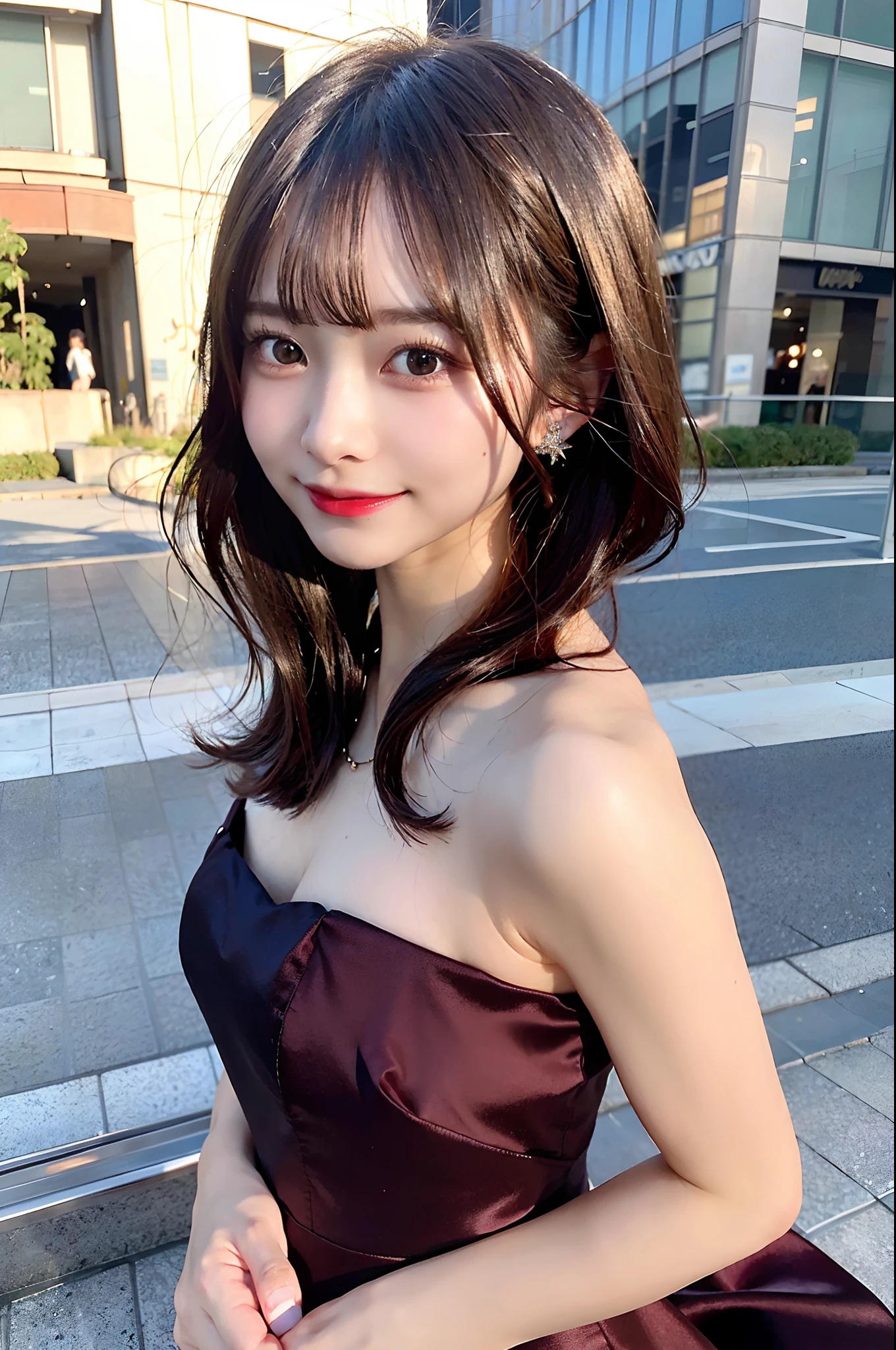 (top-quality、8K、32K、masuter piece、nffsw:1.2)、profile、(slim figure:1.2)、(s lips) 、Have a bouquet、age19、(Short bob hair:1.3)、Cosplay、二重まぶた、shinny skin、Realistic rays、mare、beauitful face、(A smile:1.3)、crouching down、(From  above:1.2)、(a closeup:1.4)、blurry backround、(Front Focus)、(Dark: 1.6)、Fantasy Art、photoRealstic、Professional Lighting、extra detailed face、Award-winning、deep-shadows、Wine Red Dress
