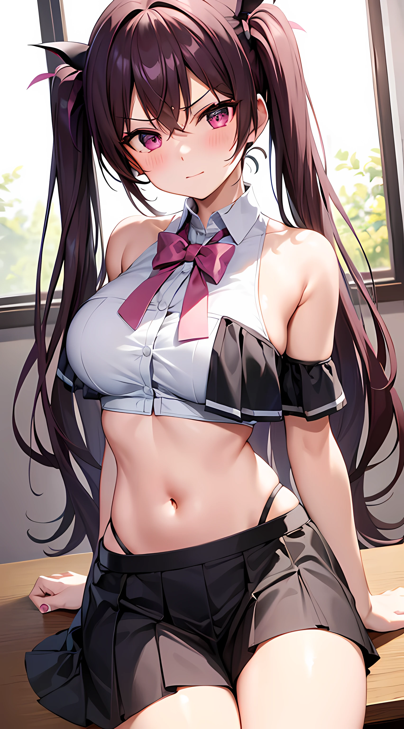 1girl, BREAK, pink twintails, horns, pink halo, pink eyes, perfect face, BREAK, classroom, BREAK, (big round breasts), succubus body, BREAK, (black pink school uniform crop top), (thong), (skirt), squishy thighhighs, BREAK, sitting on desk, BREAK, blushing, angry, cute, BREAK, 8k, masterpiece, best quality