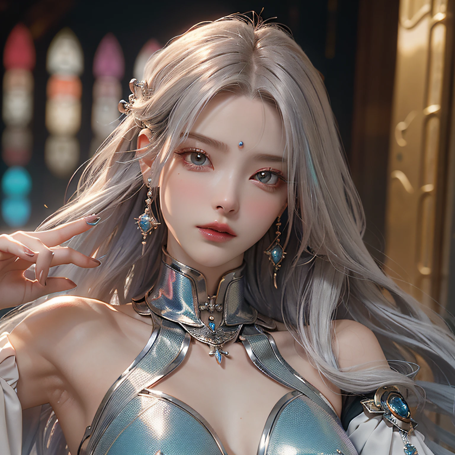 masterpiece、hightquality、。.。.3D、8K CG、intricate detailes、细致背景、Sacred。ornament detached, Dylan Kowalski, , ((2girls)), The upper part of the body, musculature, Skindentation, looking to side, Silvery hair、length hair, Mechanical arm, synthetic skin, porcelain, pearls, Holographic, Titanium, Diamonds, ruby, sapphires, Pedras preciosas, Clockwork, grunge, worn edges, s Armor, Beautiful breasts、