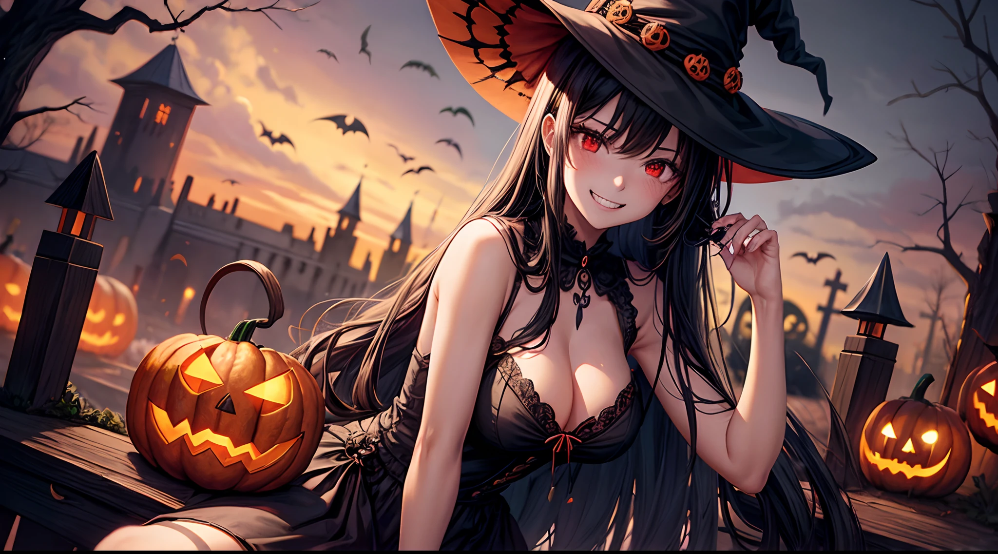 1girl, solo. halloween, witch, witch hat, long hair, black hair,, black dress, large breasts, cleavage, red eyes, black high heels, grin, skeleton, skull, pumpkin lanterns, old stone castle, owl on tree, grin moon, ghosts, graveyard, ceepy, pumpkin lanterns on spikes, witch broom in hand