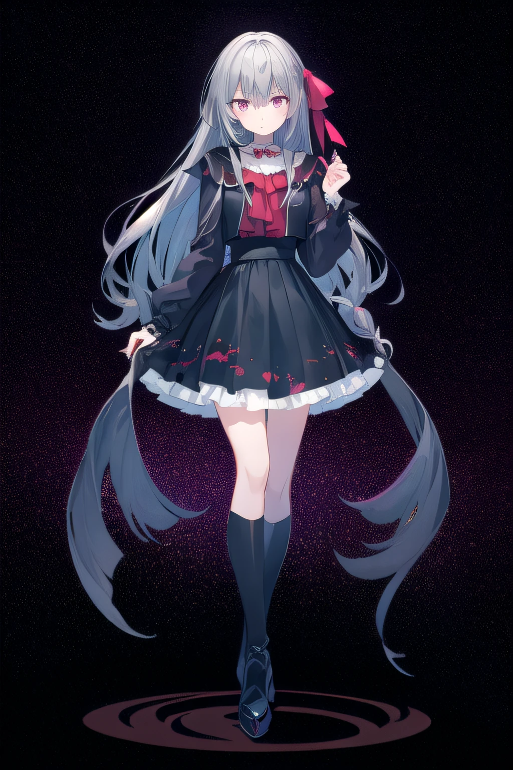 Long gray hair、Crimson eyes、Vampire costume、Vampire image、deadpan、skirt by the、Cool cute、full body illustration、Very thin