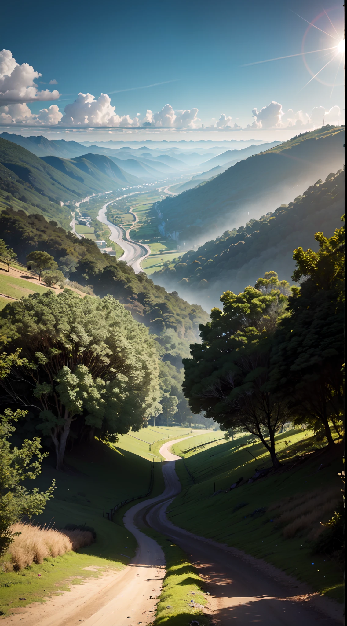paisagem surreal, no campo, amanhecer do dia, 8k. ultra hd, hdr 10 lua cheia