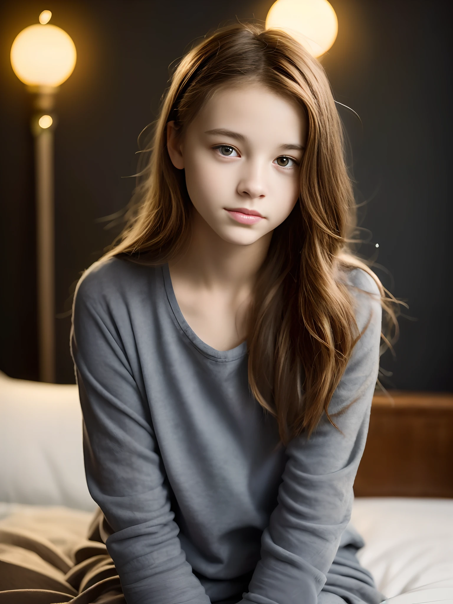 Portrait of  with cute beautiful perfect face at 14 years olpy and、Very beautiful Russians、Unripe、in bed、(Dark private research、Dark and moody light:1.2)