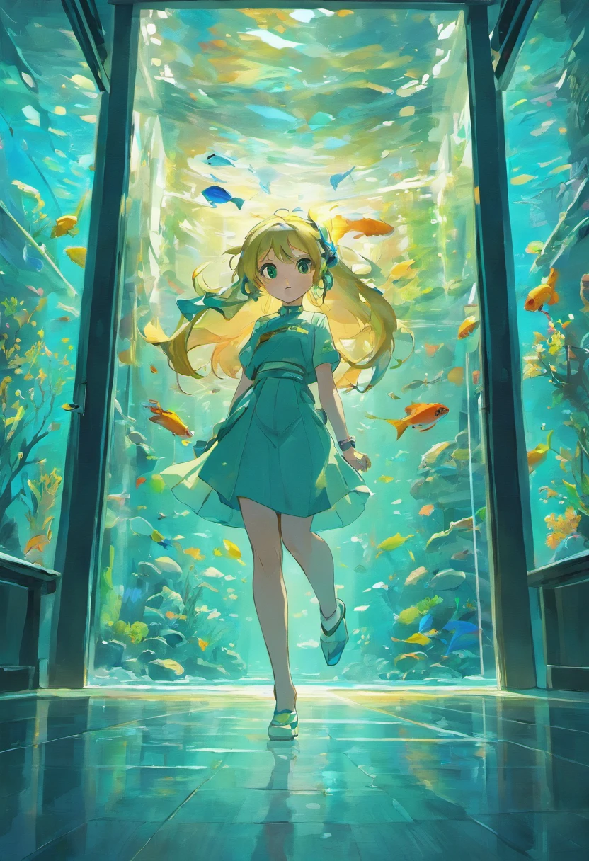 A very large aquarium, filled with various types of fish, all behind the glass, colorful, with a long corridor outside the glass, dim, close-up, panoramic, and the same environment