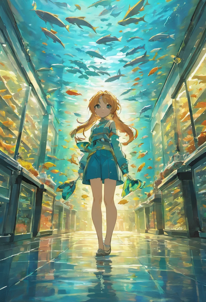A very large aquarium, filled with various types of fish, all behind the glass, colorful, with a long corridor outside the glass, dim, close-up, panoramic, and the same environment