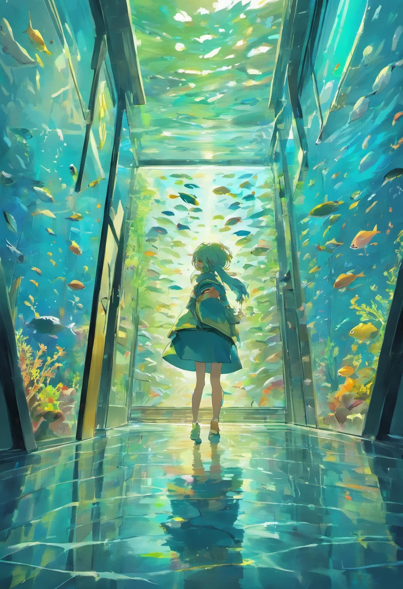 A very large aquarium, filled with various types of fish, all behind the glass, colorful, with a long corridor outside the glass, dim, close-up, panoramic, and the same environment