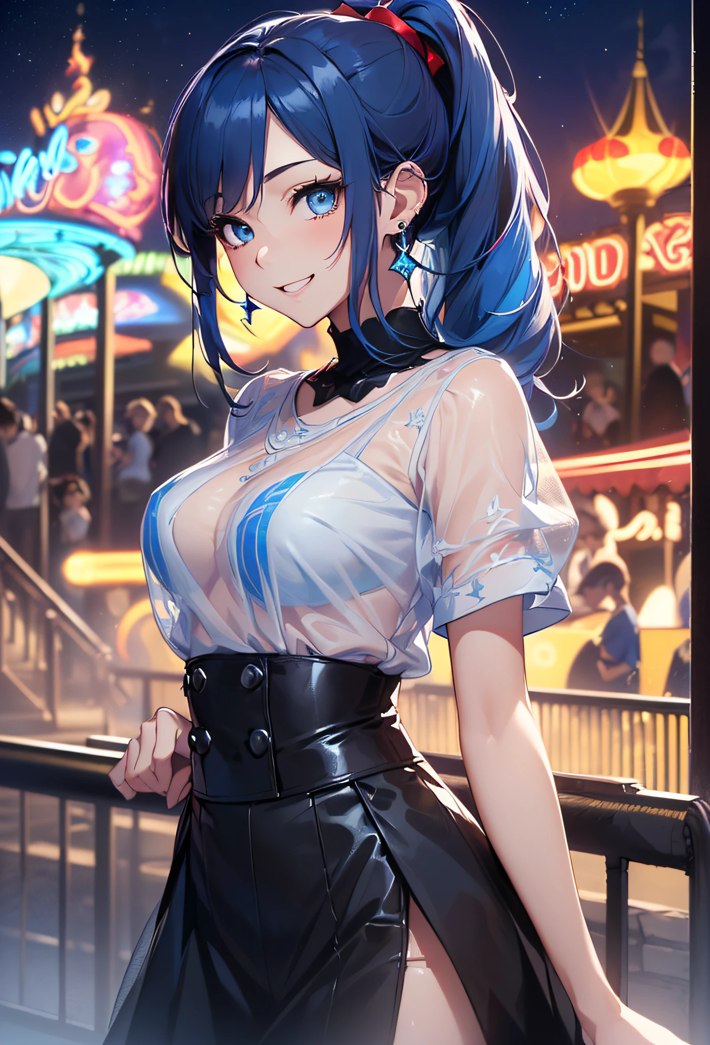 top-quality、Top image quality、masterpiece、girl with((18year old、Best Bust、Medium bust、Bust 85,Beautiful blue eyes、Breasts wide open,Black Short Sleeve T-Shirt、White see-through、Black short skirt、Ponytail with black hair、Smile Face、Fashionable bags、Beautiful blue earrings、emphasis on the buttocks、A slender、Height 175cm,posterior view、Leaning forward、Blue hair mesh))hiquality、Beautiful Art、Background with((Night amusement park、Red and blue lighting、Disney land、parade)),masutepiece、Elaborate design、visualart、depth of fields、The best lighting、highestdetailed、