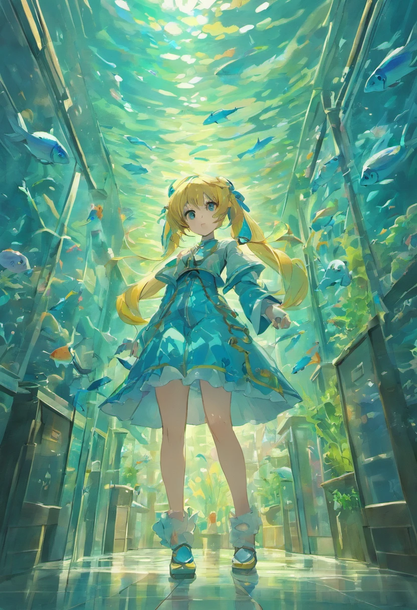 A very large aquarium,It is full of all kinds of fish,All behind glass,extremely colorful,There is a long corridor outside the glass,dimly lit,closeup cleavage,in a panoramic view,and the same environment
