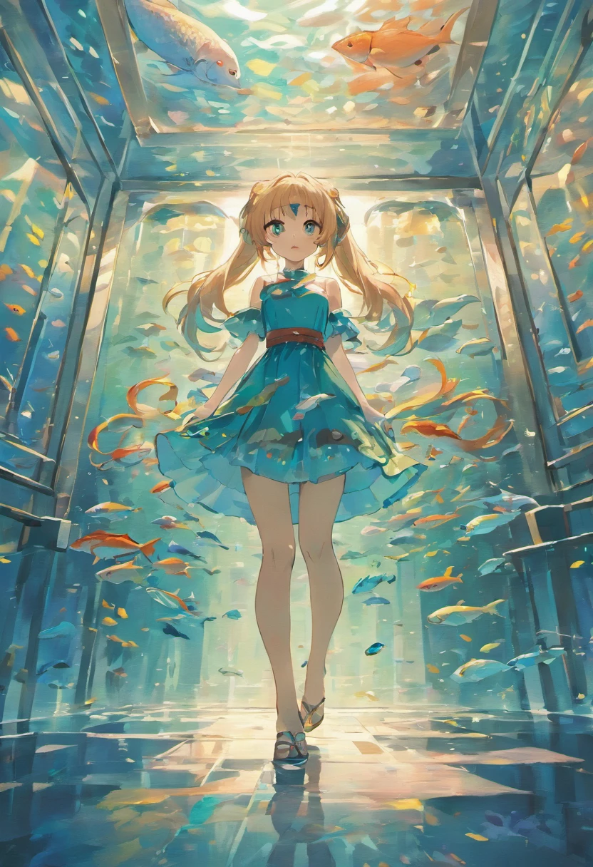 A very large aquarium,It is full of all kinds of fish,All behind glass,extremely colorful,There is a long corridor outside the glass,dimly lit,closeup cleavage,in a panoramic view,and the same environment